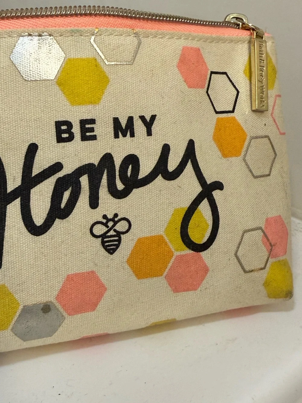 Bath & Body Works Be My Honey Yellow Pink Bee Hexagon Cosmetic Pouch